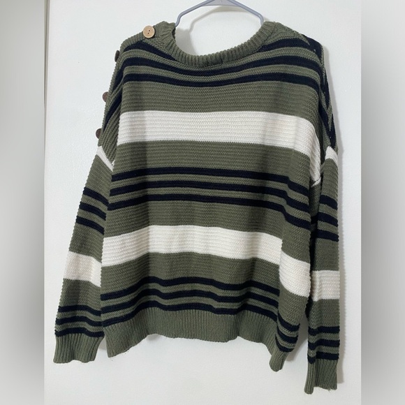 Green, black and white striped 2XL Rue+ Sweater with button detail. - Picture 3 of 3